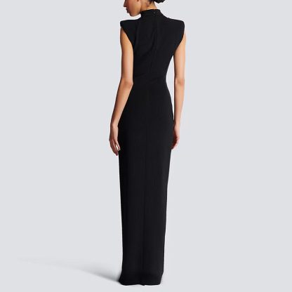 Sexy Black High Neck Maxi Dress with Gold Zipper Slit 3083