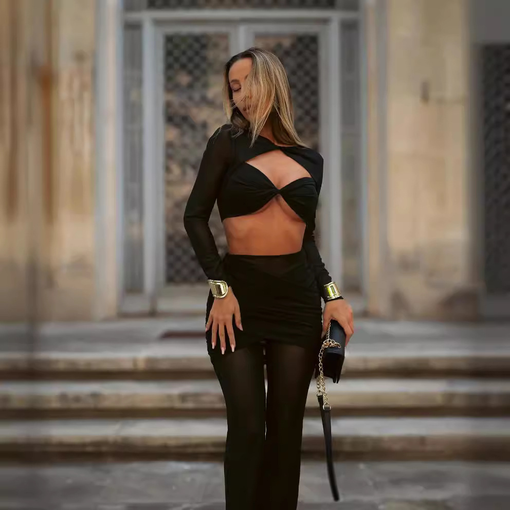 Sheer Mesh Twist Cutout 2 Piece Set - Long Sleeve Crop Top & Flared Pants Co-ord BD2513