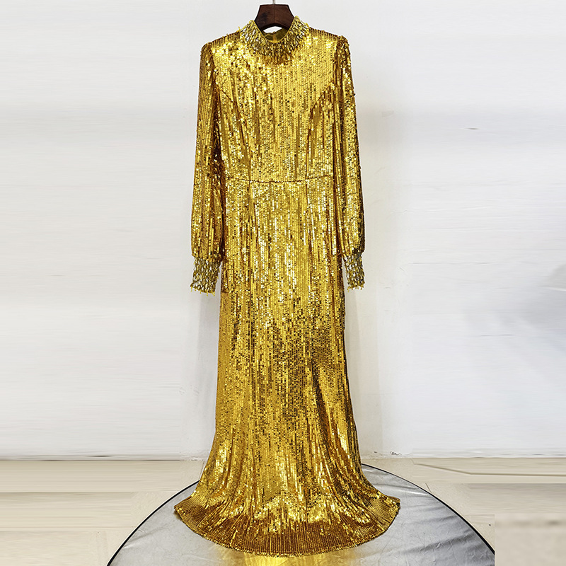 Dazzling Gold Sequin Long Sleeve Gown - Beaded High Neck Maxi 9098