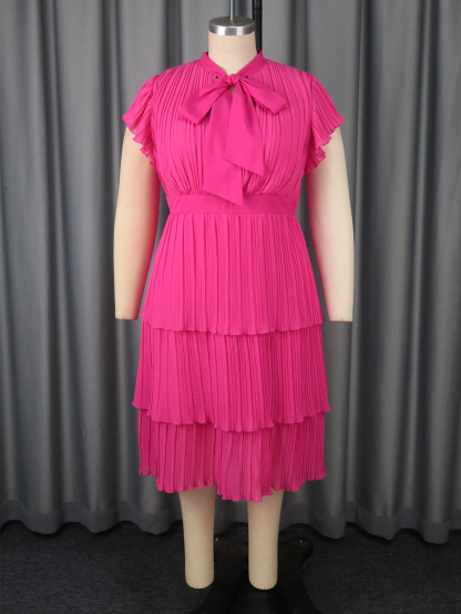 Plus-Sizes Women's Elegant Pink Pleated Tiered Midi Dress with Bow AM050410	-UGENA FASHION