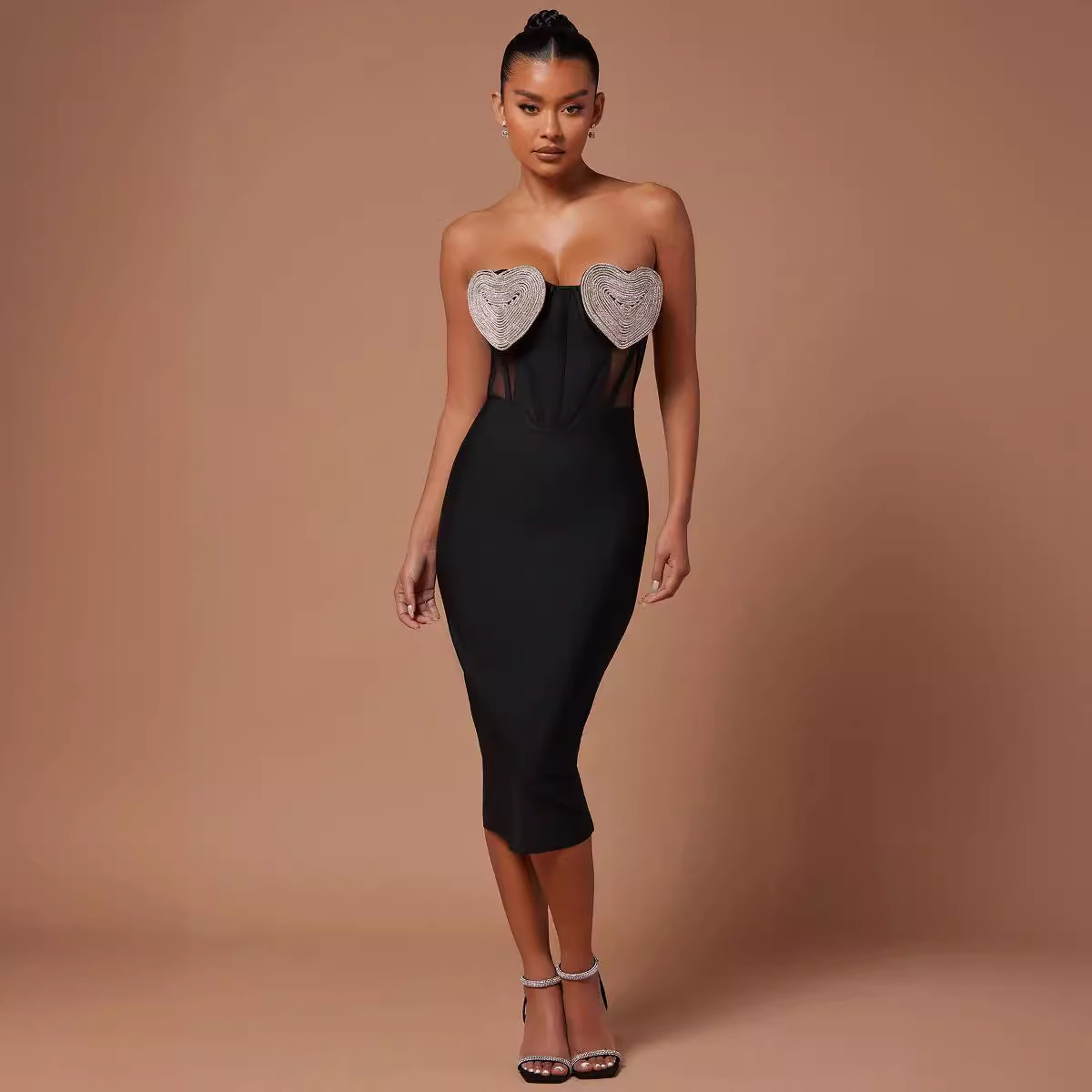 Glam Sequin Heart Bustier Black Bandage Midi Dress - Corset Mesh Panel BA423