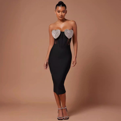 Glam Sequin Heart Bustier Black Bandage Midi Dress - Corset Mesh Panel BA423