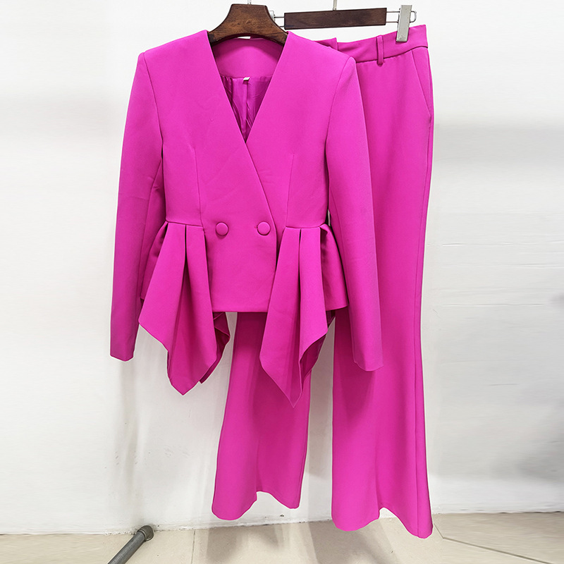 Elegant Fuchsia Peplum Blazer & Flare Pants Set - High-Fashion Double Breasted Ruffle Waist Suit for Women - Formal Evening & Runway Two-Piece Outfit 3012