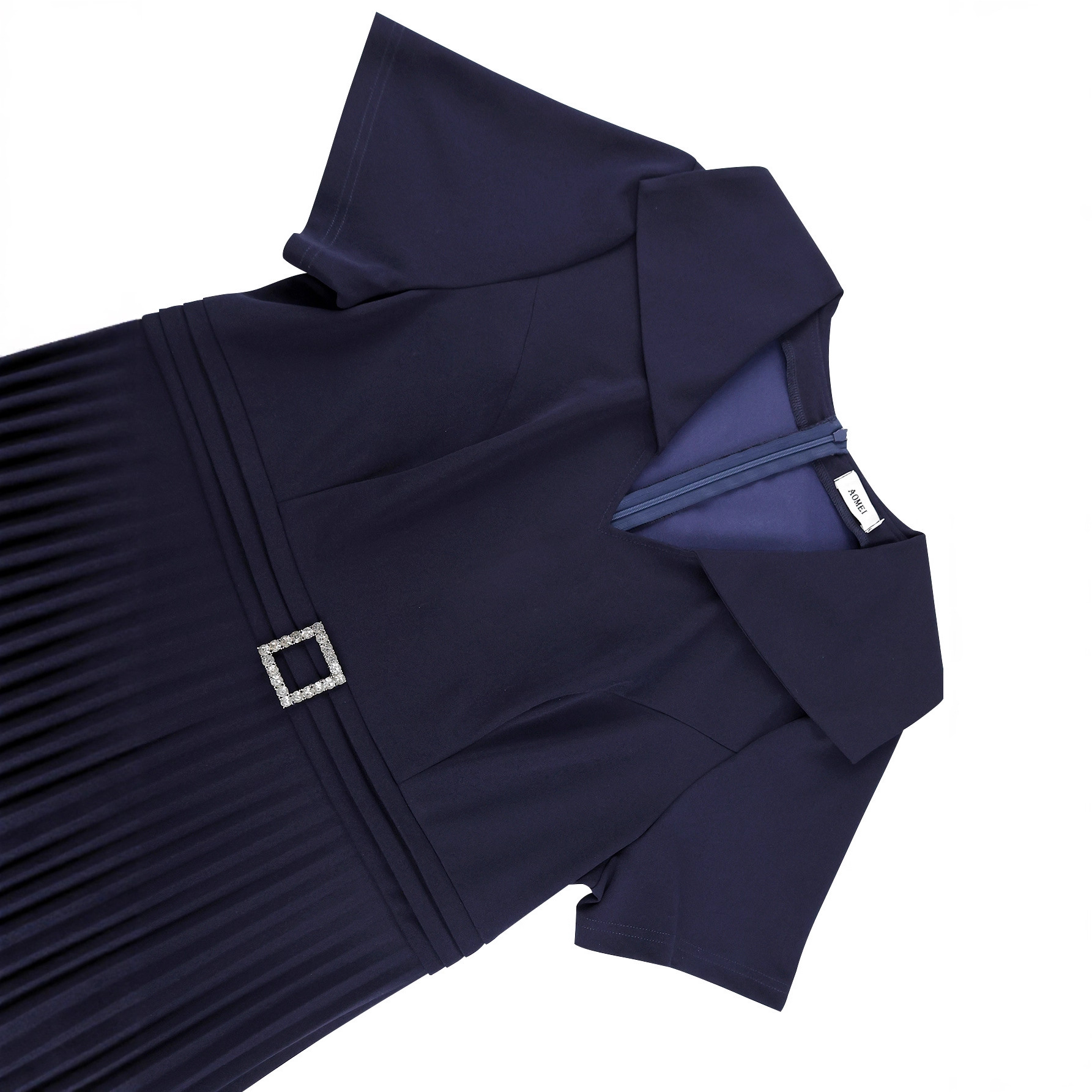 Plus-Sizes Classic Navy Blue  Midi Dress with Pleated Skirt AM050527	-UGENA FASHION