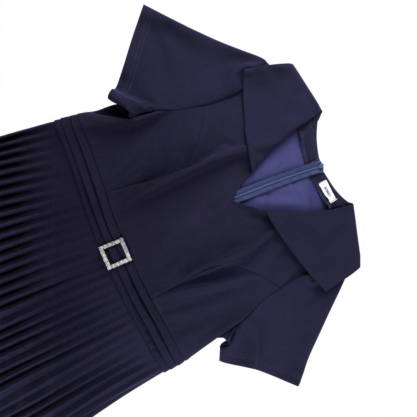 Plus-Sizes Classic Navy Blue  Midi Dress with Pleated Skirt AM050527	-UGENA FASHION