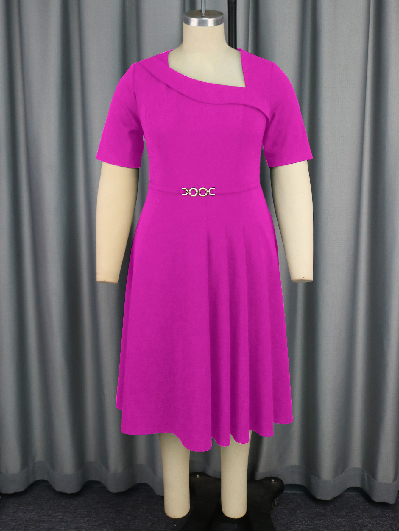 Plus-Sizes  Asymmetric Neck Pleated A-line Dress with Short Sleeves AM040926-UGENA FASHION