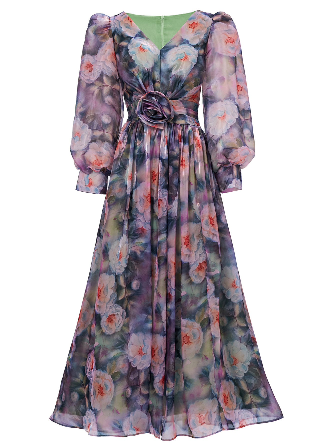 Yellow Floral Print Chiffon Maxi Dress | V-Neck Long Puff Sleeve Gown with 3D Waist Flower Detail | Elegant Retro Summer Wedding Guest Dress qc21