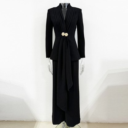 Luxurious Women's Black Evening Suit Set - Pleated Cinch-Waist Blazer with Jeweled Brooch & Wide-Leg Trousers - Elegant 2-Piece Formal Gown Alternative for Galas 2901