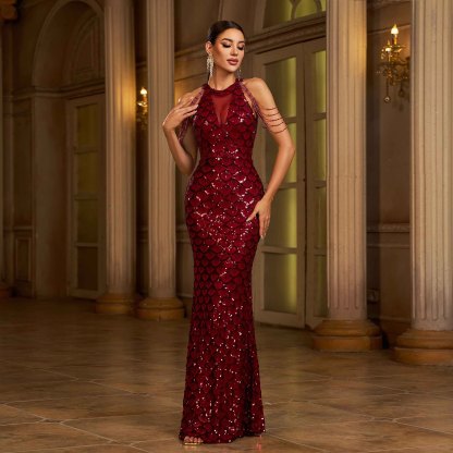 Luxury Wine Red Sequin Mermaid Gown - Beaded Chain Shoulder Formal Dress gm90163