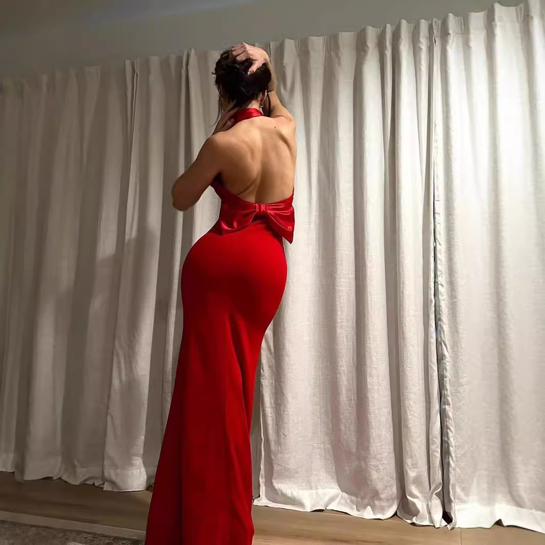 Stunning Red Backless Halter Neck Mermaid Gown with Oversized Bow - Perfect for Prom, Bridesmaid & Evening Party BA454