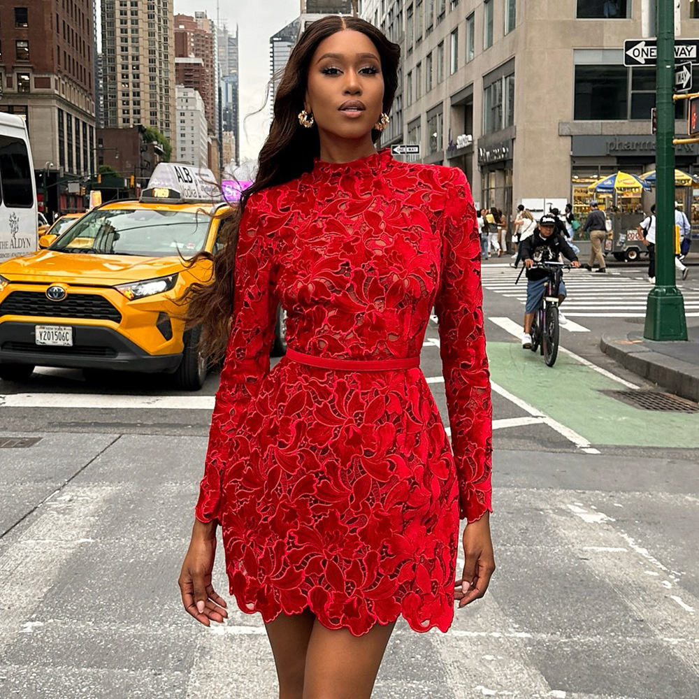 Luxurious Red Guipure Lace Mini Dress - Mock Neck Long Sleeve Party Cocktail Dress with Belt 996210072732