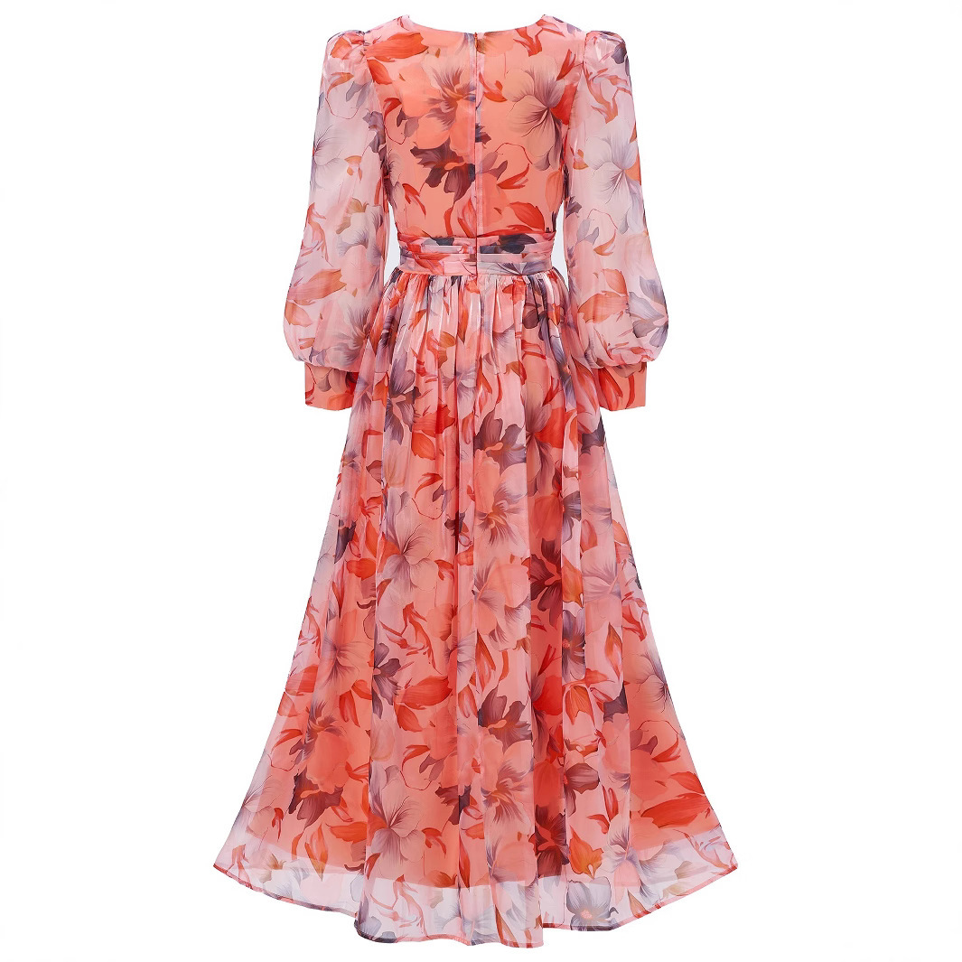 Coral Floral Print Maxi Chiffon Dress | V-Neck Long Sleeve Flowy Gown with Ruched Waist Detail | Elegant Summer Wedding Guest Attire qc19