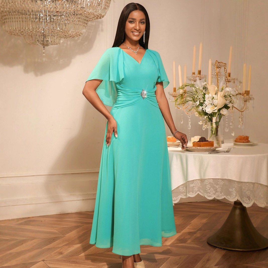 Plus-Sizes Elegant V-Neck Chiffon Dress with Rhinestone Detail AM050534	-UGENA FASHION