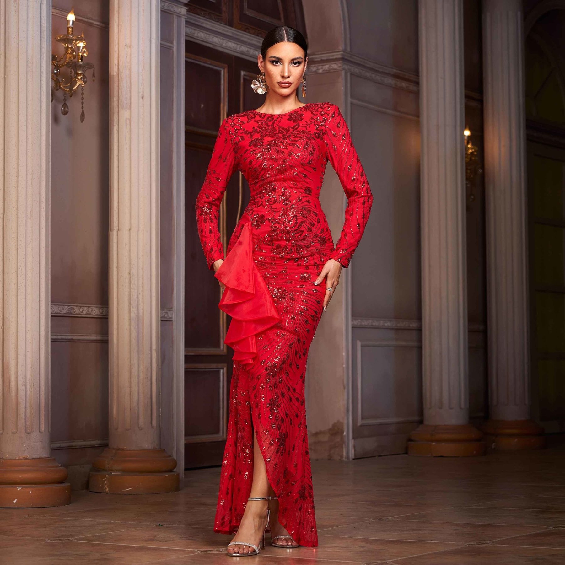 Luxury Red Sequin Long Sleeve Gown - Ruffle High Slit Formal Evening Dress gm01060
