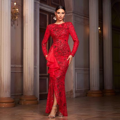 Luxury Red Sequin Long Sleeve Gown - Ruffle High Slit Formal Evening Dress gm01060