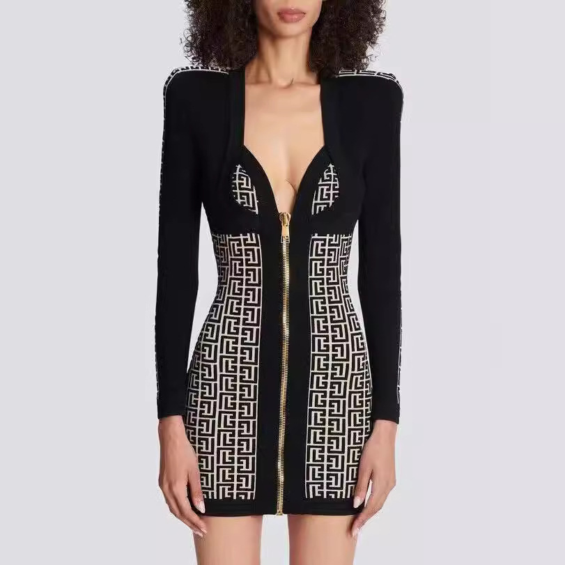Black & White Geometric Monogram Bodycon Dress – Long Sleeve Zip Front Mini Dress BA351