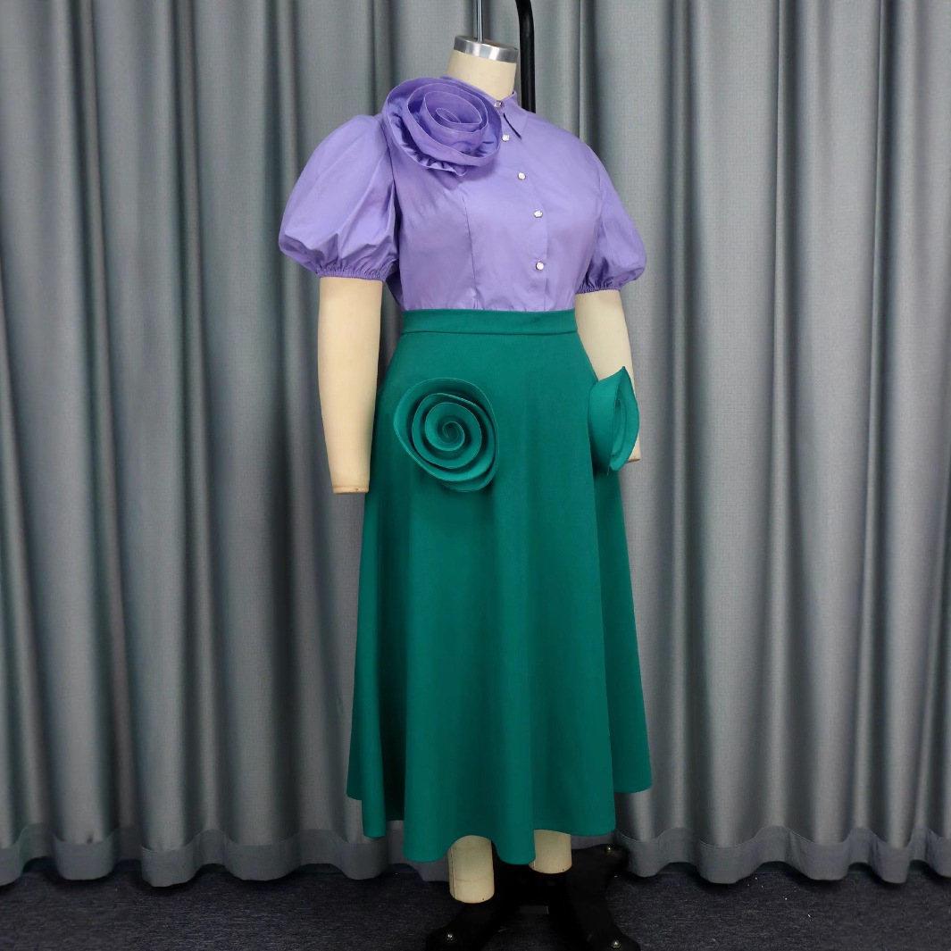 Plus-Sizes Elegant 3D Floral Blouse & Skirt Set - Two-Piece Outfit AM041031SET	-UGENA FASHION