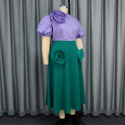 Plus-Sizes Elegant 3D Floral Blouse & Skirt Set - Two-Piece Outfit AM041031SET	-UGENA FASHION