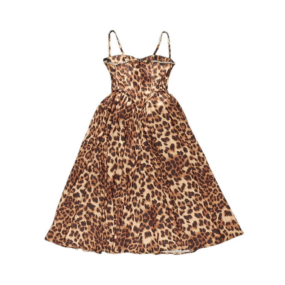 Leopard Print Bustier A-Line Midi Dress - Rhinestone Strap Corset Style Sundress BD2583
