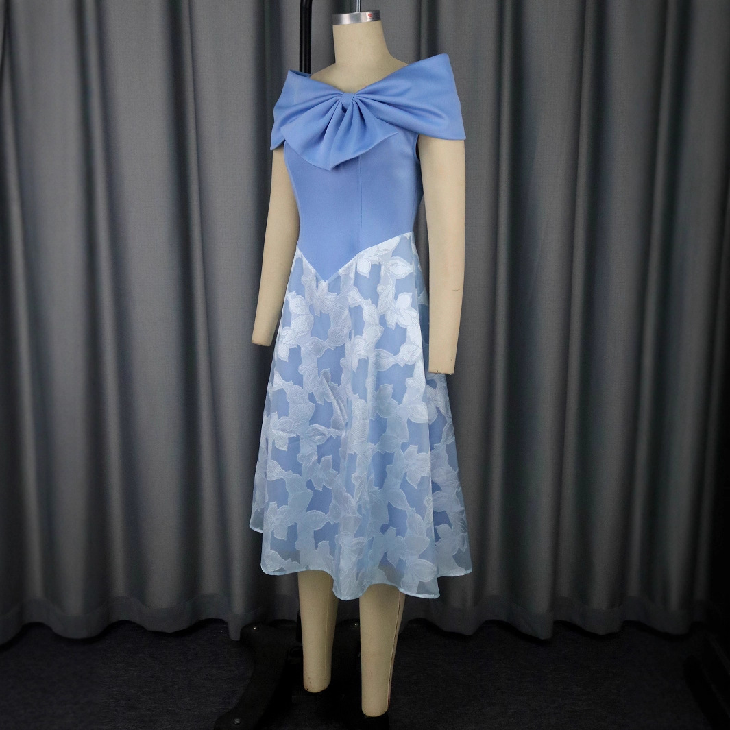 Plus-Sizes Romantic Bow-Detail Cocktail Dress with Jacquard Skirt AM050558	-UGENA FASHION