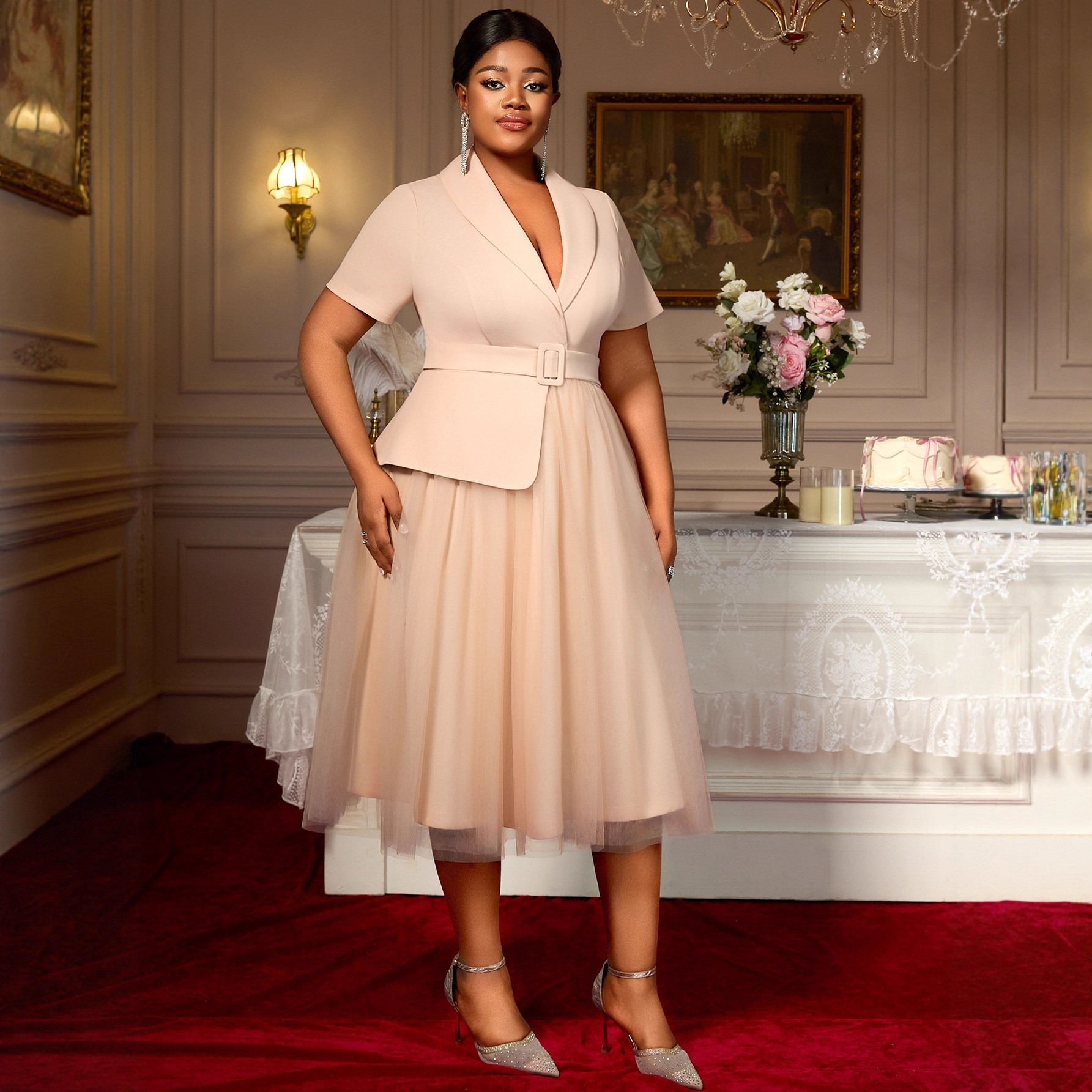 Plus-Sizes Chic Belted Peplum Mesh Dress - Elegant  Formal Gown AM050443	-UGENA FASHION