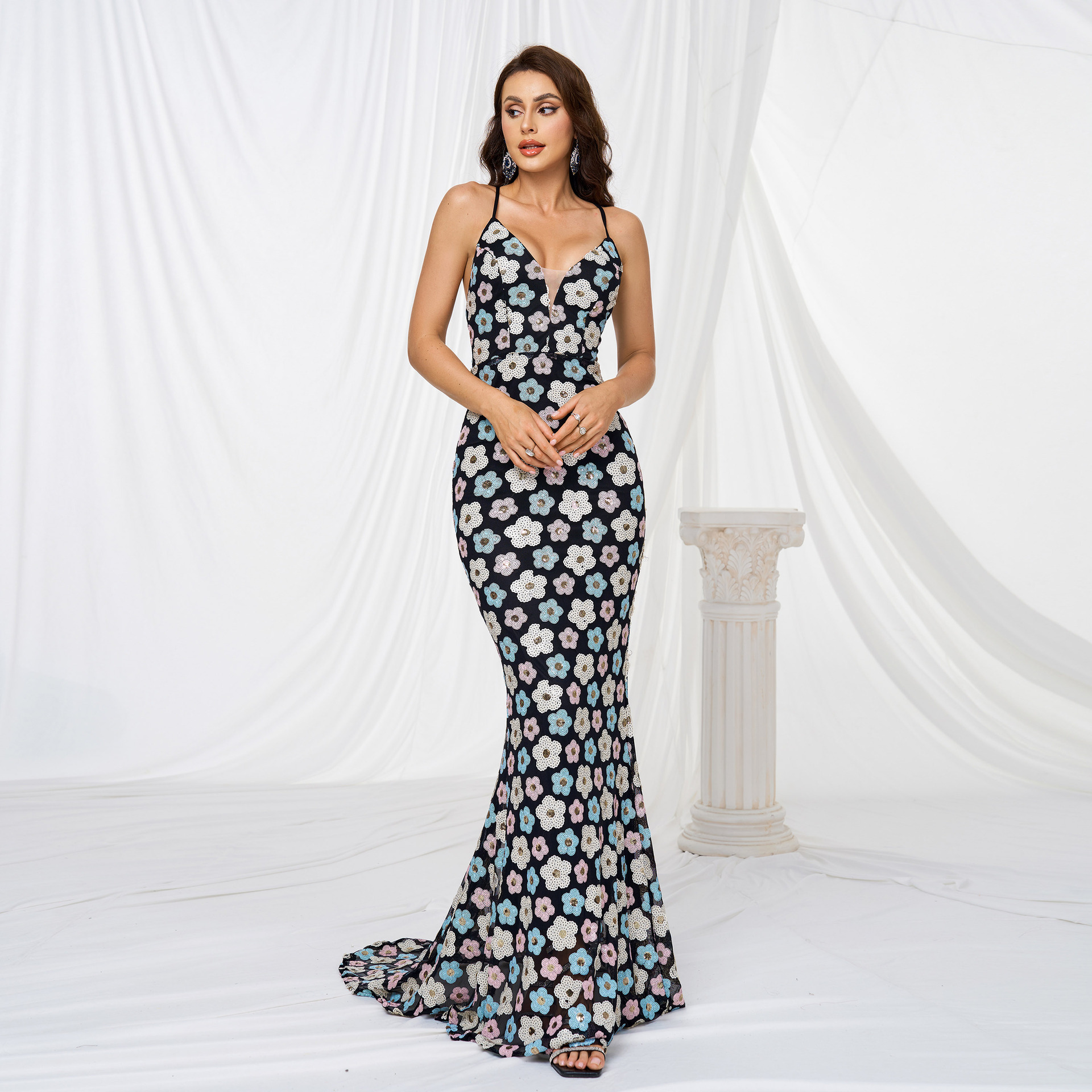 Floral Sequin Mermaid Gown with Crisscross Open Back - Elegant V-Neck Prom Dress rj11061