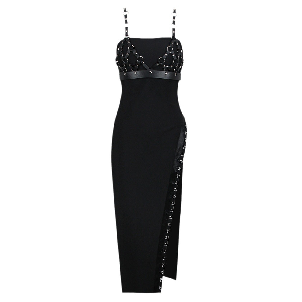 Black Faux Leather Harness Bodycon Midi Dress - O-Ring High Slit Dress BA438
