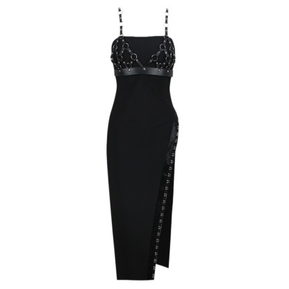 Black Faux Leather Harness Bodycon Midi Dress - O-Ring High Slit Dress BA438