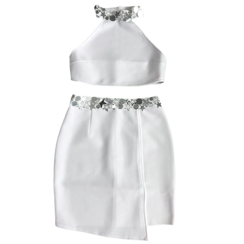 White Sequin Star Halter Crop Top & Slit Mini Skirt Set - Two Piece Rave Festival Outfit BA358