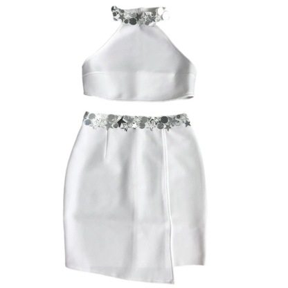 White Sequin Star Halter Crop Top & Slit Mini Skirt Set - Two Piece Rave Festival Outfit BA358