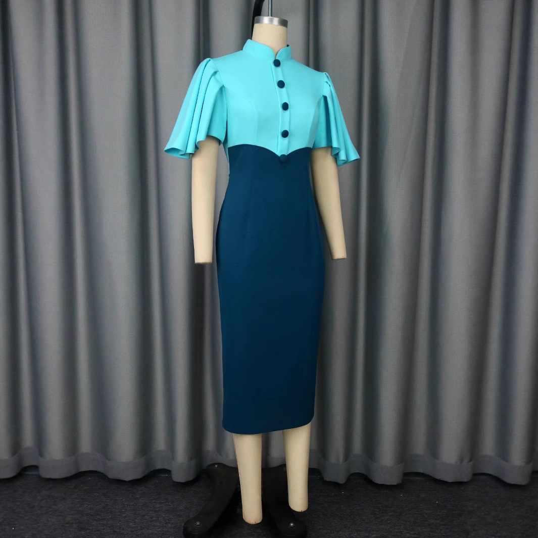 Plus-Sizes Elegant Patchwork Sheath Dress with Flounce Sleeves - Two-Tone Bodycon Midi Dress for Women AM050532	-UGENA FASHION