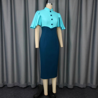Plus-Sizes Elegant Patchwork Sheath Dress with Flounce Sleeves - Two-Tone Bodycon Midi Dress for Women AM050532	-UGENA FASHION
