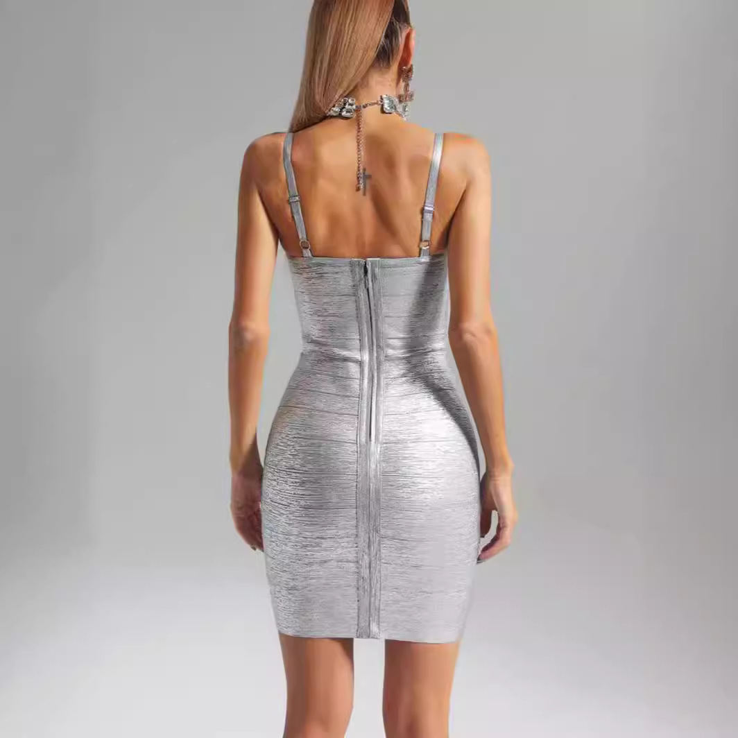 Metallic Silver Bandage Mini Dress - Disco Sparkle Bodycon Club Party Wear with Cami Strapsa BA443