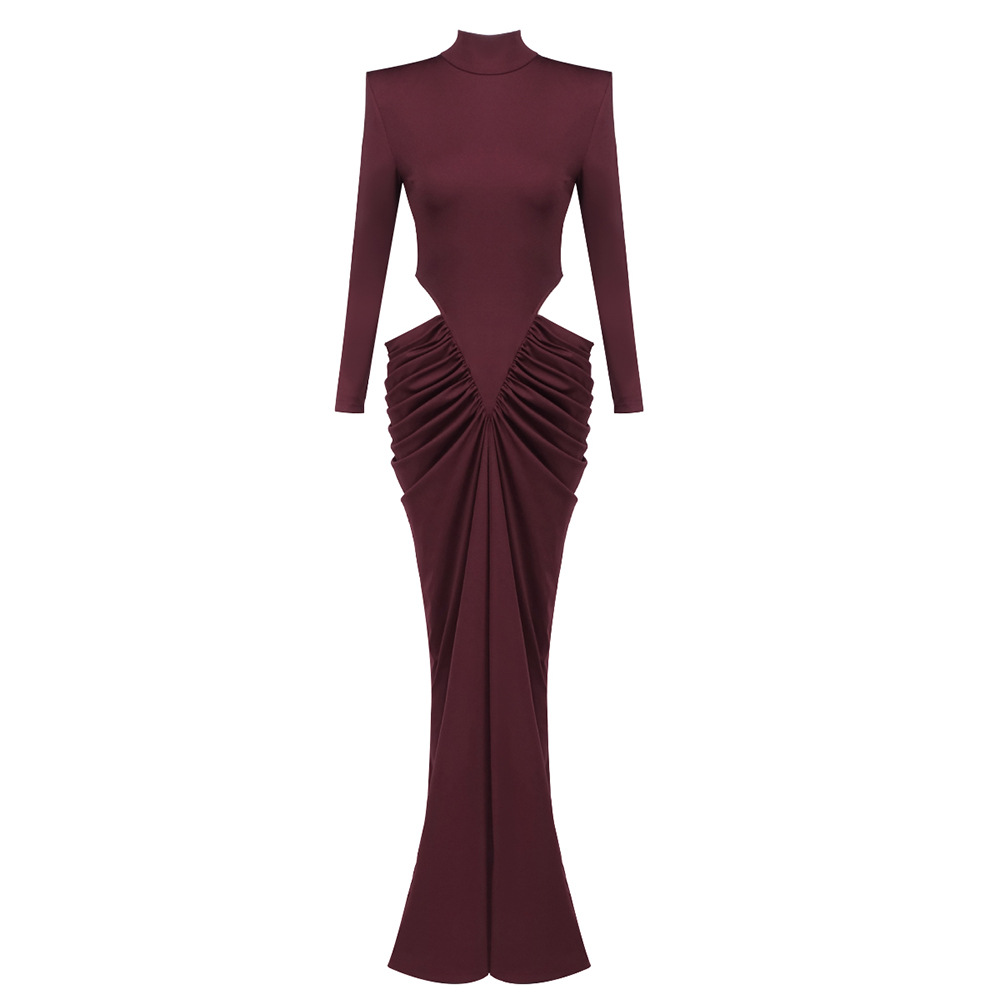 Sophisticated Wine Red Bodycon Gown - Padded Shoulder Cut-Out Ruched Maxi Dress for Formal Party BD2675