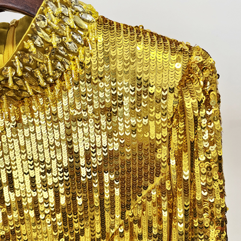 Dazzling Gold Sequin Long Sleeve Gown - Beaded High Neck Maxi 9098