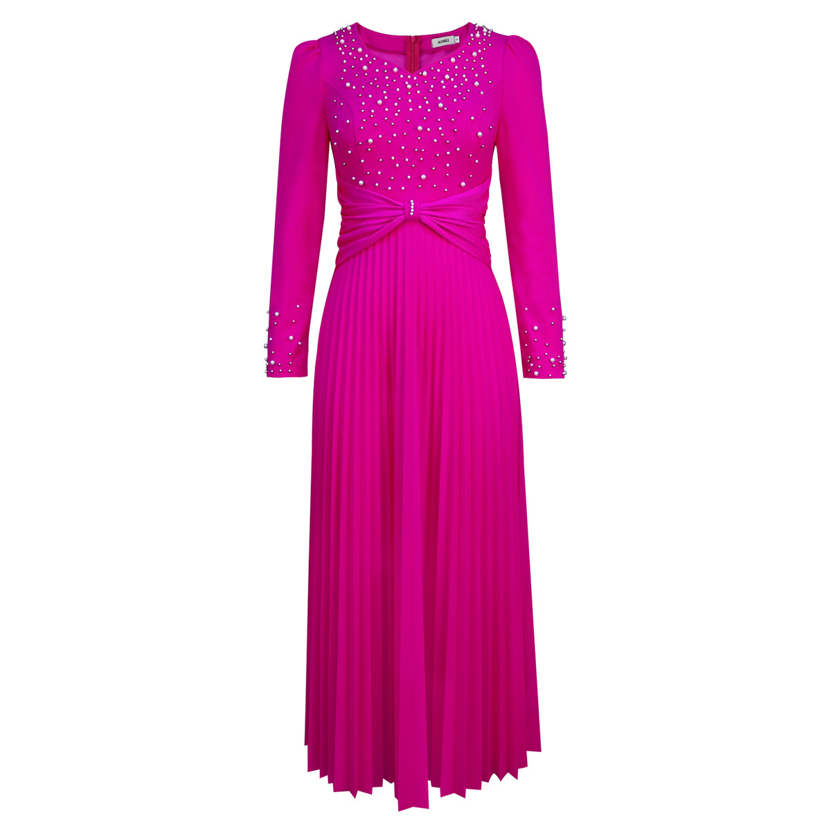 Plus-Sizes Long Sleeve Embellished Pleated Maxi Dress - Elegant V-Neck Gown for Formal Occasions AM050217	-UGENA FASHION