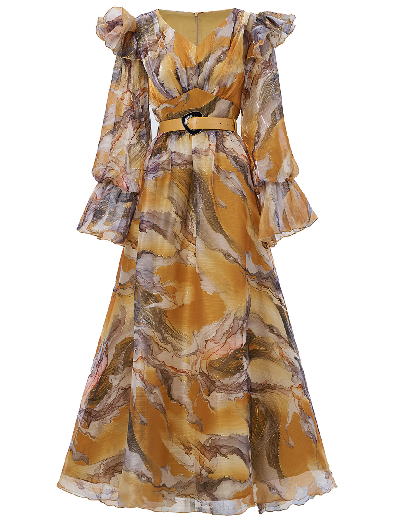 Maxi Chiffon Ruffle Dress with Belt | Yellow Marbled Print V-Neck Long Sleeve Flowy Boho Gown | Elegant Summer/Fall Occasion Wear for Women qc17