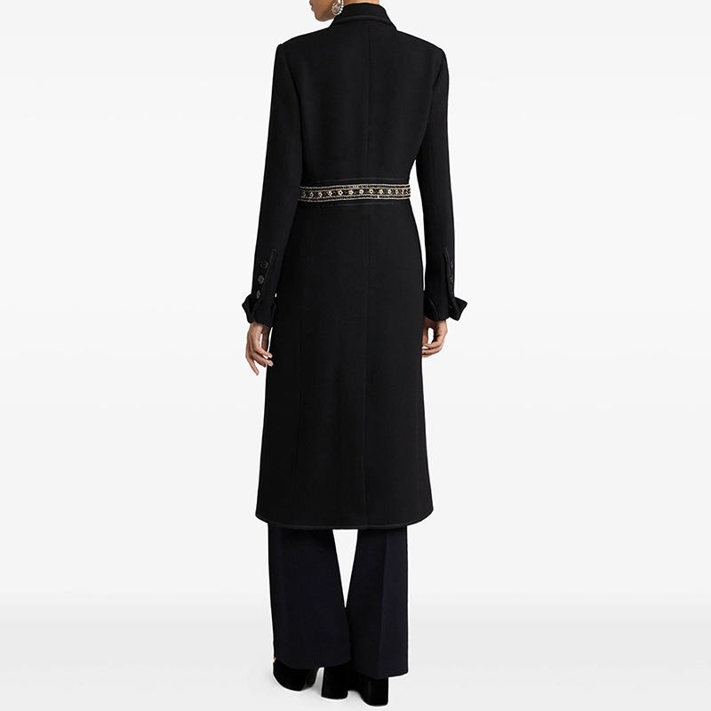 Elegant Black Slim-Fit Coat with Gold Embellished Waist Band 3086
