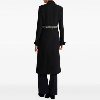 Elegant Black Slim-Fit Coat with Gold Embellished Waist Band 3086