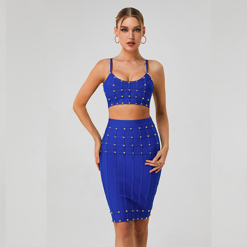 White & Gold Studded Bandage Crop Top & Midi Skirt Set - Two Piece Bodycon Clubwear BA363