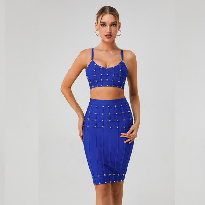 White & Gold Studded Bandage Crop Top & Midi Skirt Set - Two Piece Bodycon Clubwear BA363