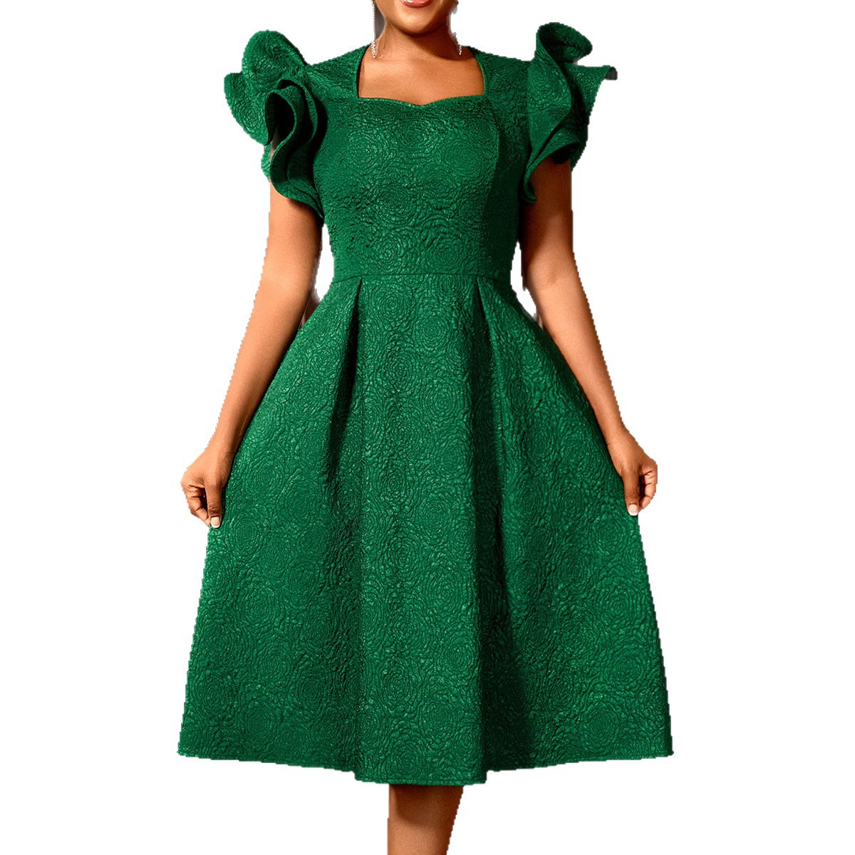 Plus-Sizes Textured Jacquard A-Line Midi Dress with Ruffle Sleeves - Elegant Square Neckline Party Dress AM050333	-UGENA FASHION