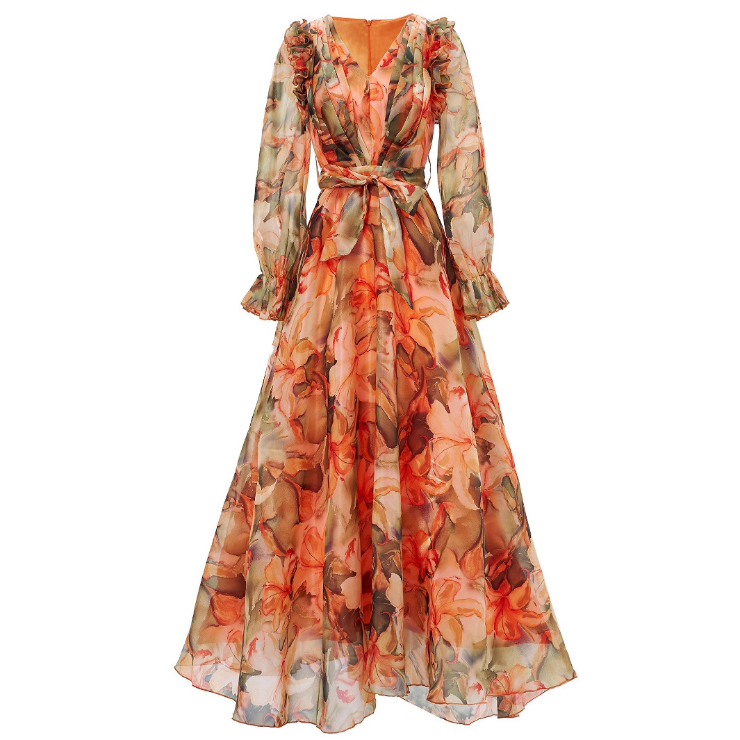 Terracotta Floral Chiffon Maxi Dress | Ruffle Shoulder V-Neck Gown with Tie-Waist Belt | Elegant Fall Wedding Guest & Resort Wear qc23