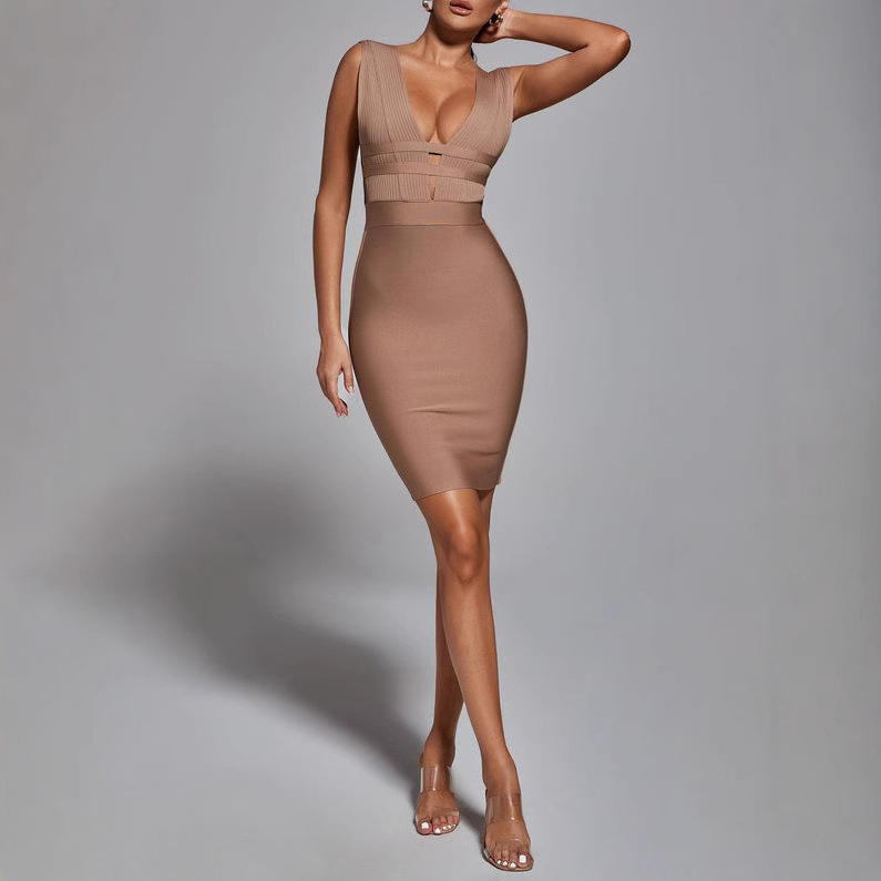 Taupe Plunge V-Neck Bandage Mini Dress - Pleated Cutout Waist Bodycon Dress BA336