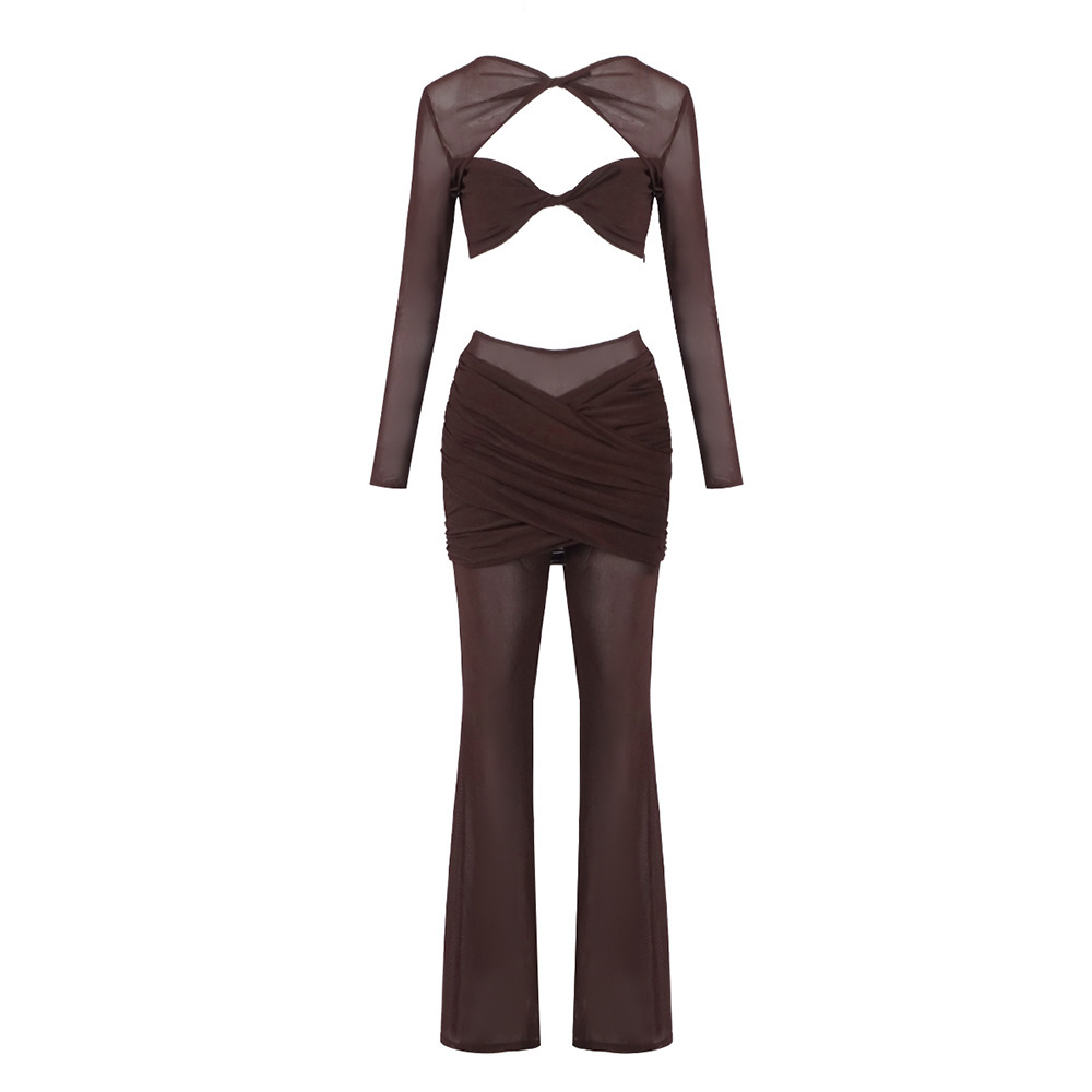 Sheer Mesh Twist Cutout 2 Piece Set - Long Sleeve Crop Top & Flared Pants Co-ord BD2513