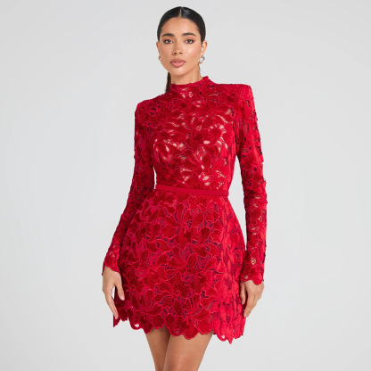 Luxurious Red Guipure Lace Mini Dress - Mock Neck Long Sleeve Party Cocktail Dress with Belt 996210072732