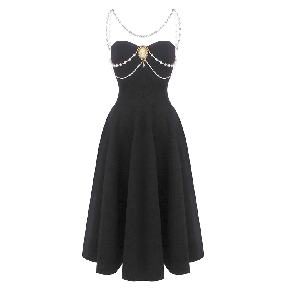 Elegant Black Midi Dress with Pearl Straps - Vintage Sweetheart Neckline Cocktail Gown for Women Z0026