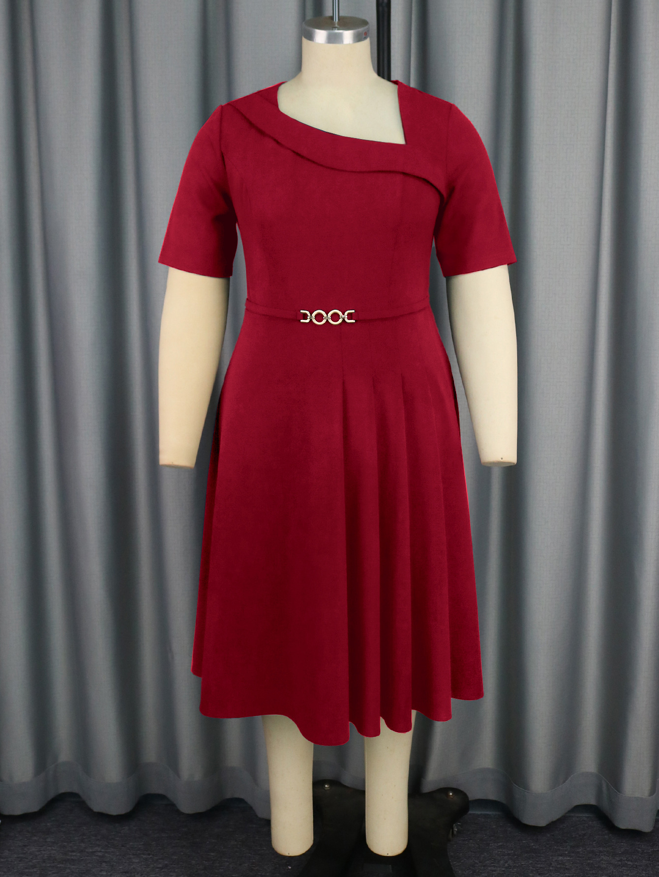 Plus-Sizes  Asymmetric Neck Pleated A-line Dress with Short Sleeves AM040926-UGENA FASHION