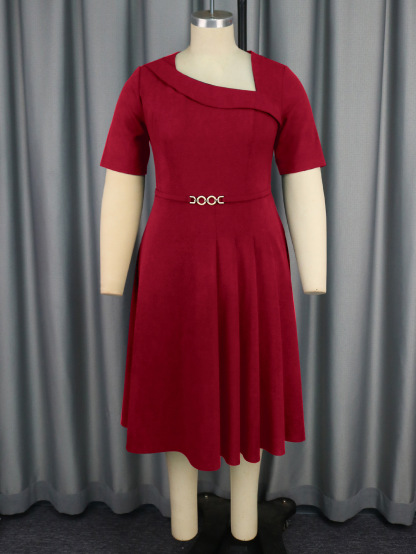 Plus-Sizes  Asymmetric Neck Pleated A-line Dress with Short Sleeves AM040926-UGENA FASHION