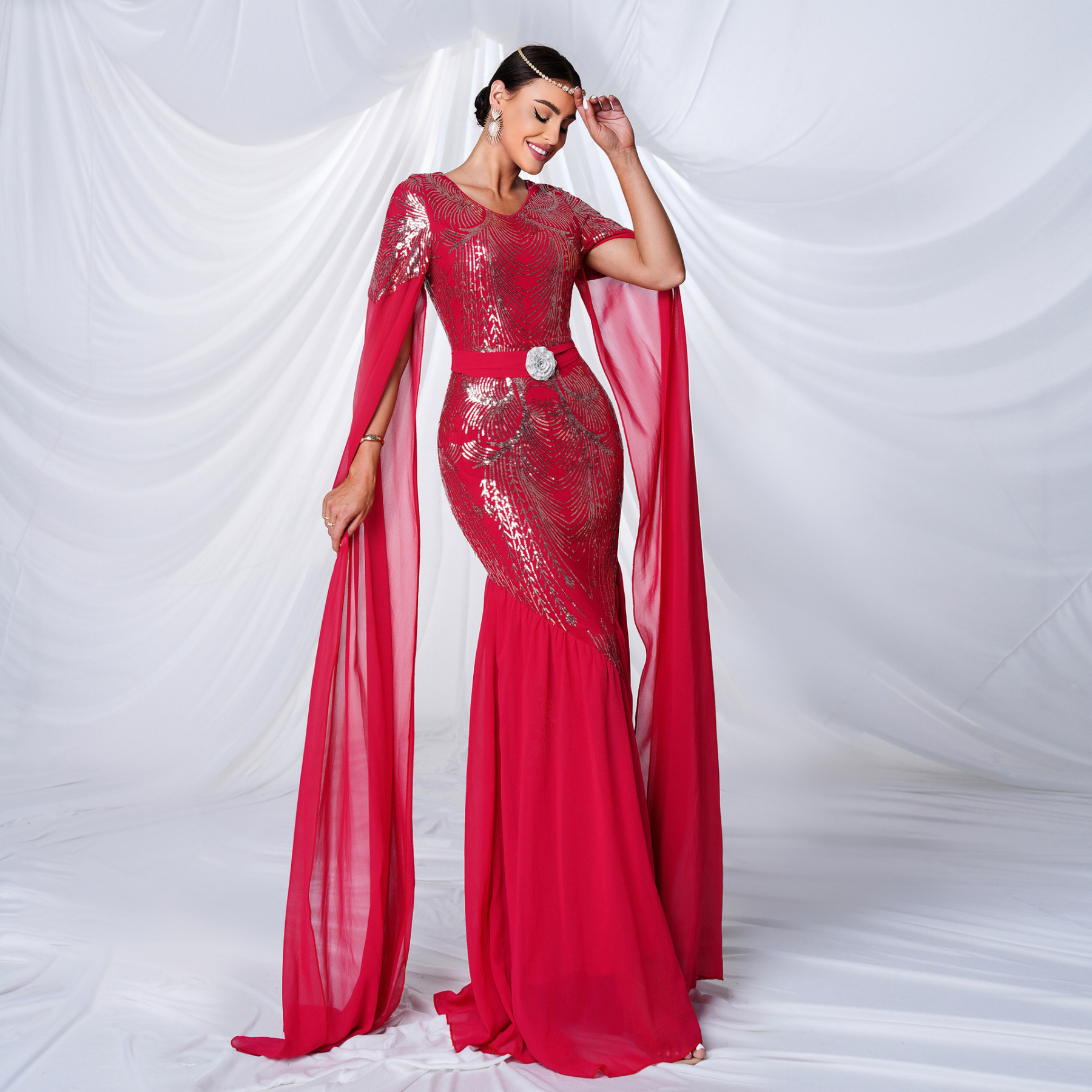 Regal Red Sequin Mermaid Gown with Flowing Cape Sleeves | Modest Arabic Kaftan Formal Dress mes00430